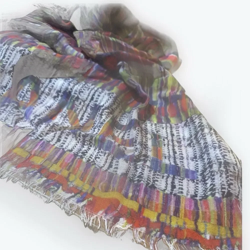 Auth Chanel Multicolor Cashmere Modal Silk Blend Striped Wrap Shawl Stole Scarf